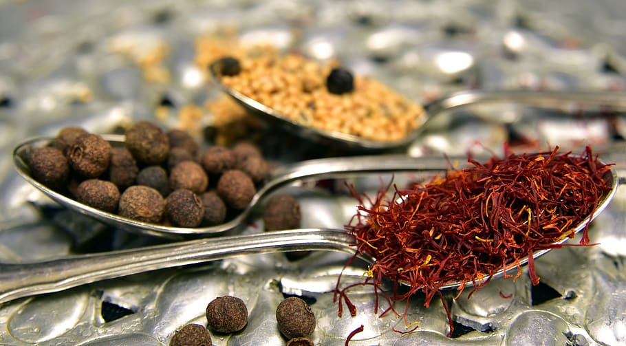 spices, allspice, saffron, mustard seeds, teaspoon, cook, decorative, HD wallpaper