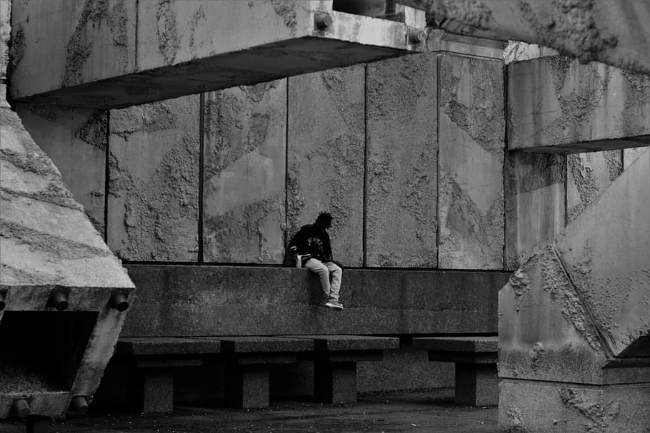 man, black, white, concrete, contrast, food, pants, shoes, walls HD wallpaper