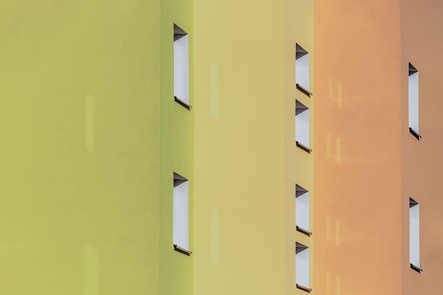photography of building windows, wall, green, yellow, orange HD wallpaper