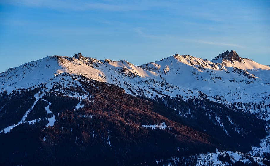 mountain, snow, forest, winter, nature, track, alps, ski, twilight HD wallpaper