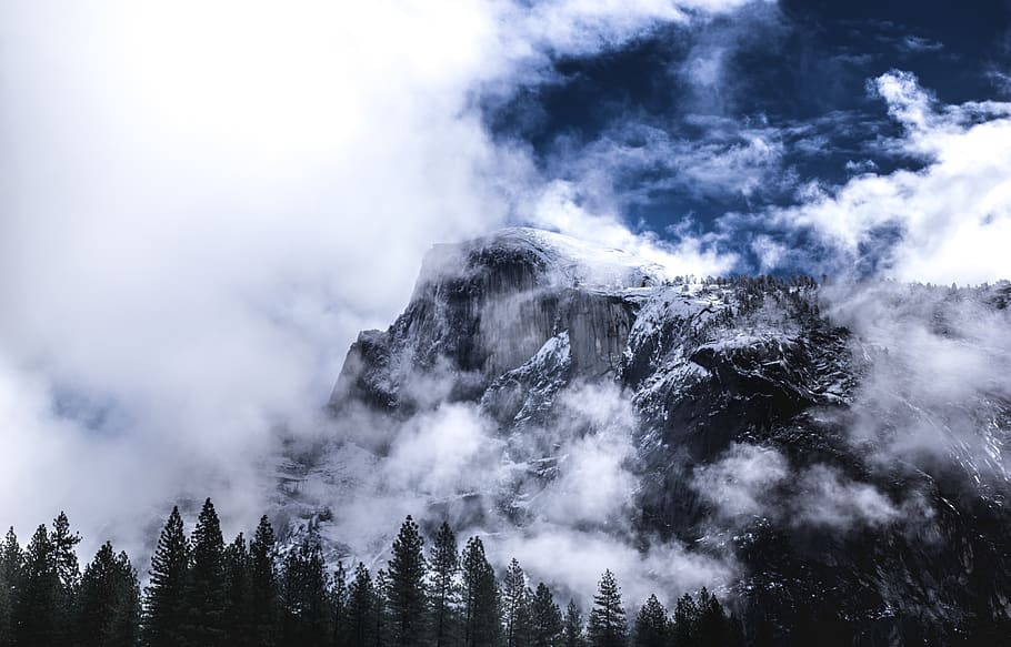 pine trees near mountain under white clouds, scenics - nature HD wallpaper