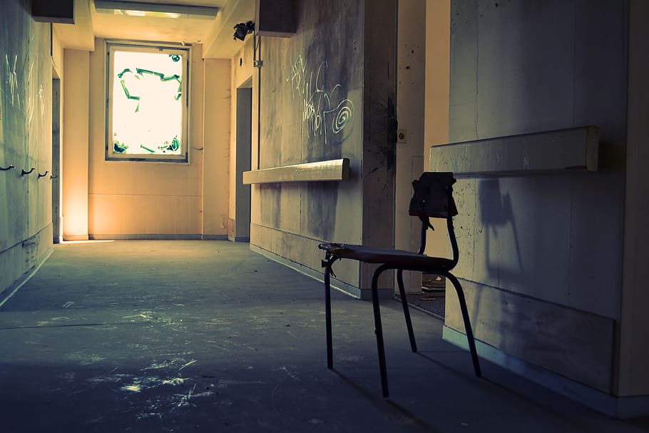 chair, urbex, abandoned, buidling, hall, way, empty, window, HD wallpaper