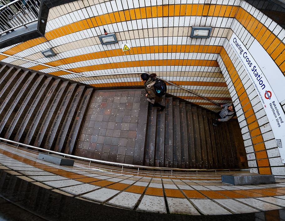 man walking through stairs, handrail, banister, staircase, human HD wallpaper
