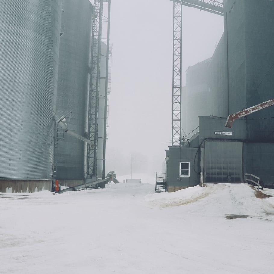 gray metal silos during winter, nature, snow, blizzard, outdoors