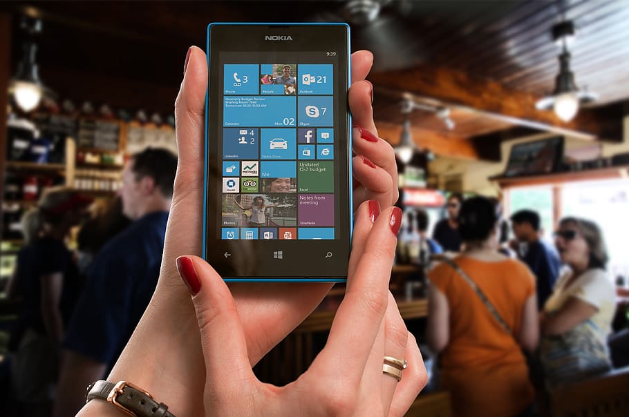 Woman Wearing Gold Ring Holding Blue Nokia Windows Smartphone, HD wallpaper