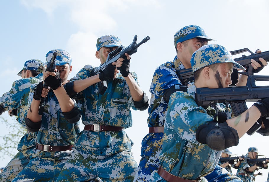 five men pointing rifles during day, armed forces, group of people HD wallpaper