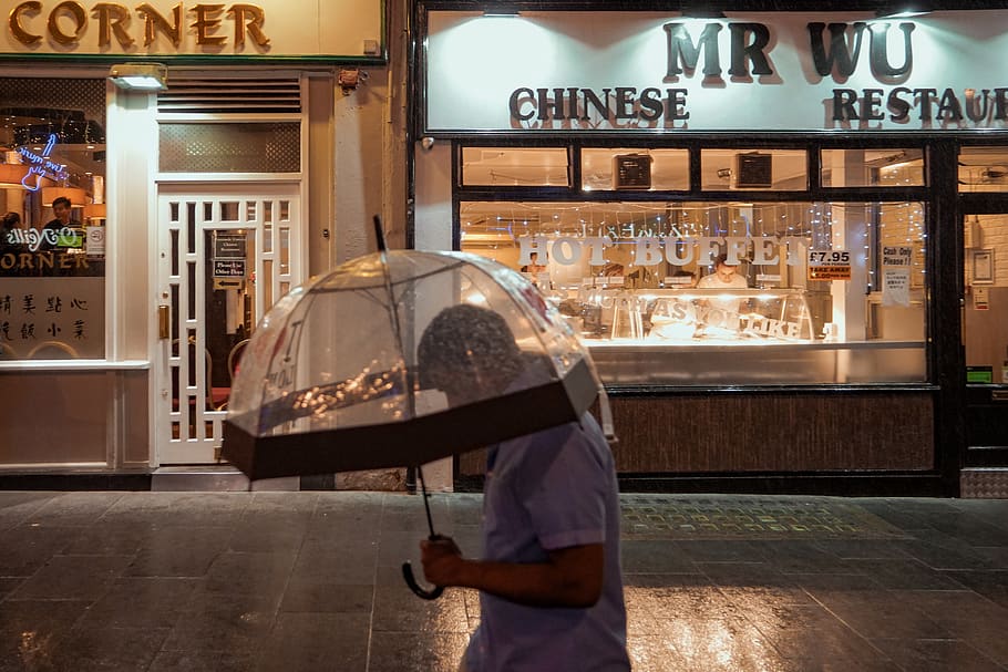 man using clear plastic umbrella, united kingdom, chinatown gate HD wallpaper