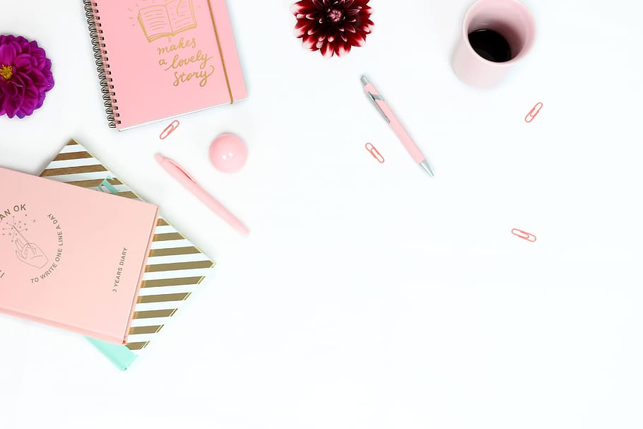 workplace, desk, feminine, notes, notebooks, diary, pens, pink cup, HD wallpaper