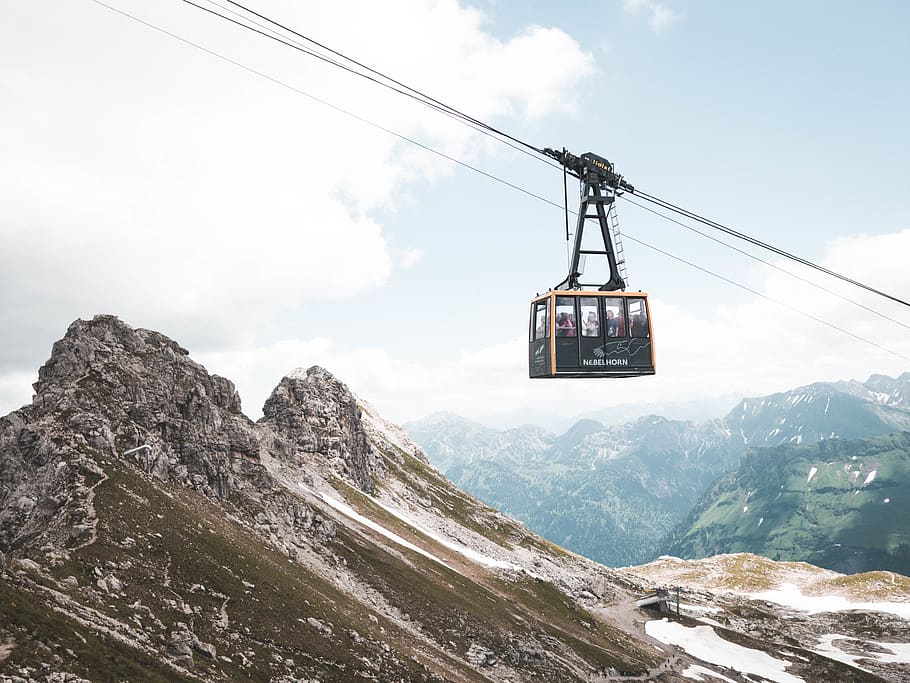 Black and Orange Cable Cart, altitude, clouds, cold, daylight HD wallpaper