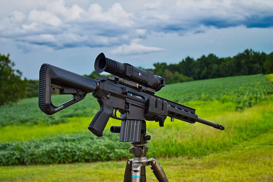 black rifle with scope, plant, green color, technology, field HD wallpaper