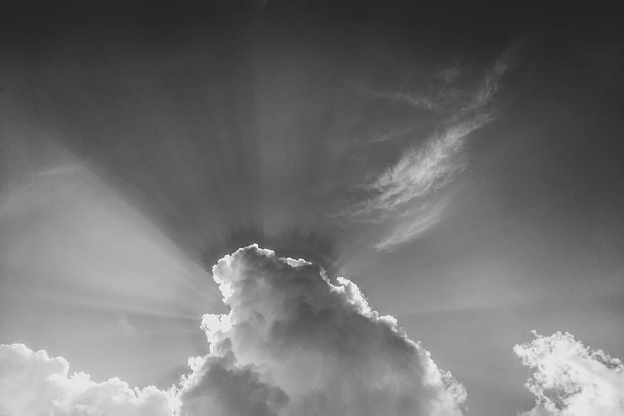 clouds, sky, blackandwhite, summer, backlight, monochrome, fine HD wallpaper