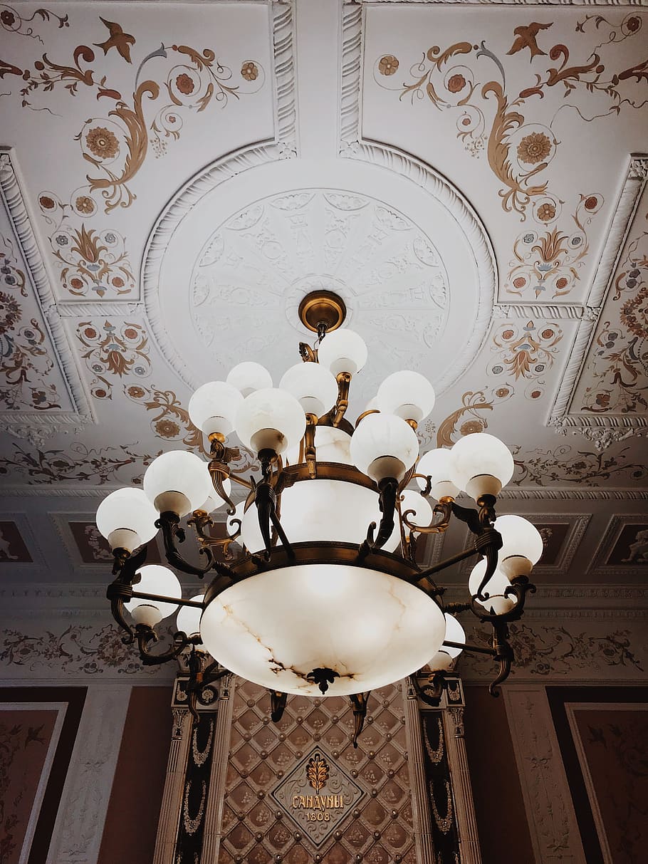Turned-on Brown Framed Uplight Chandelier, ceiling, ceiling lamp HD wallpaper