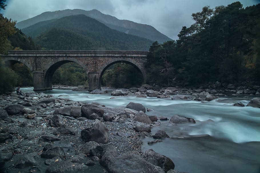 bridge, river, rocks, flow, nature, adventure, travel, trip HD wallpaper