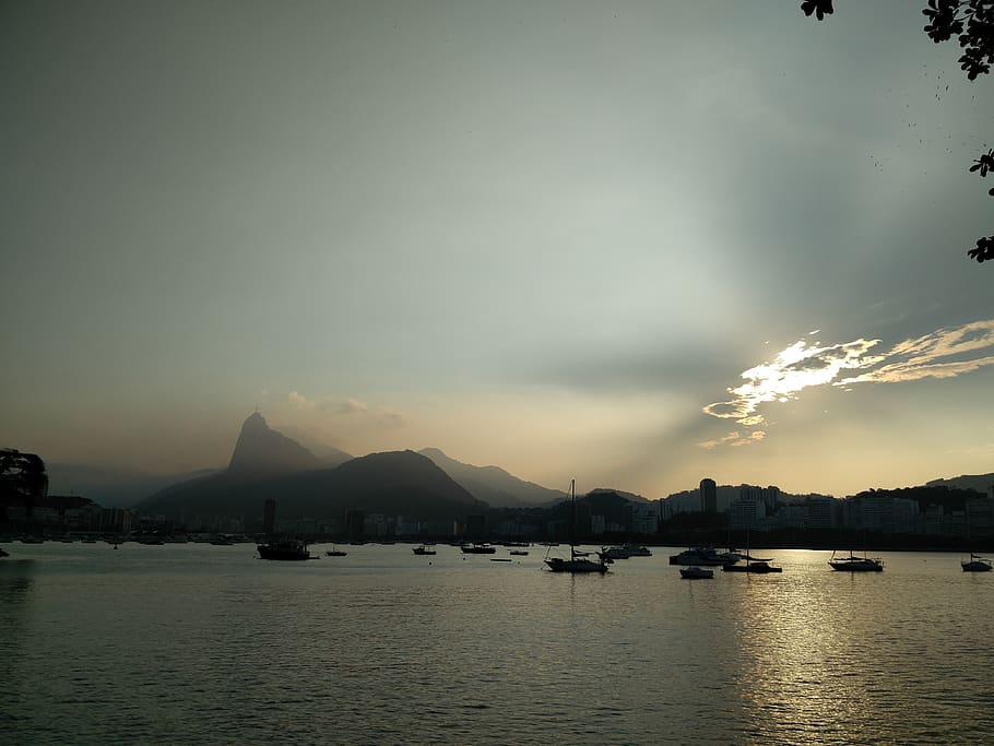 brazil, urca, sun, cloud, sea, christ, light, mountain, boat HD wallpaper