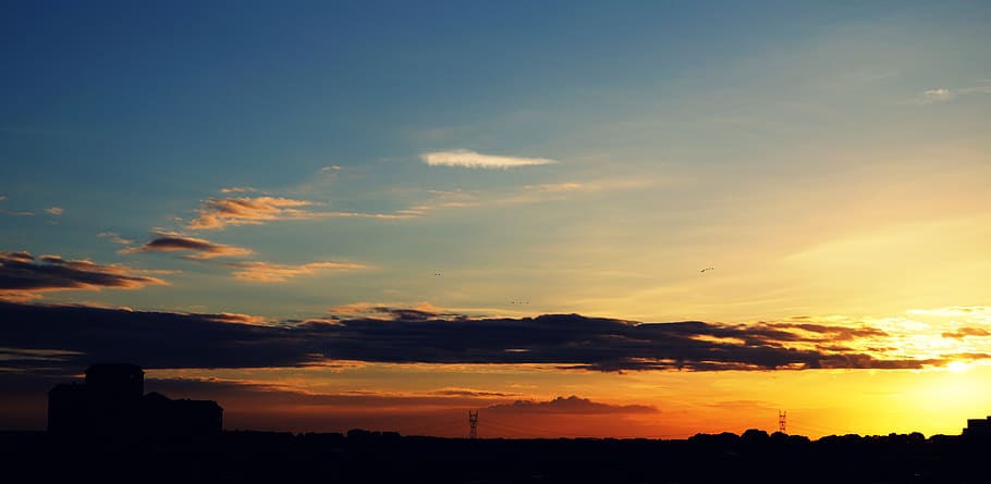 Silhouette of the Mountain during Golden Hour, clouds, dawn, sky HD wallpaper