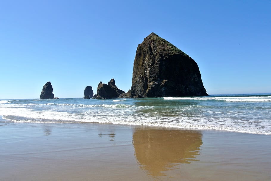 united states, haystack rock, water, sea, sky, land, rock - object HD wallpaper
