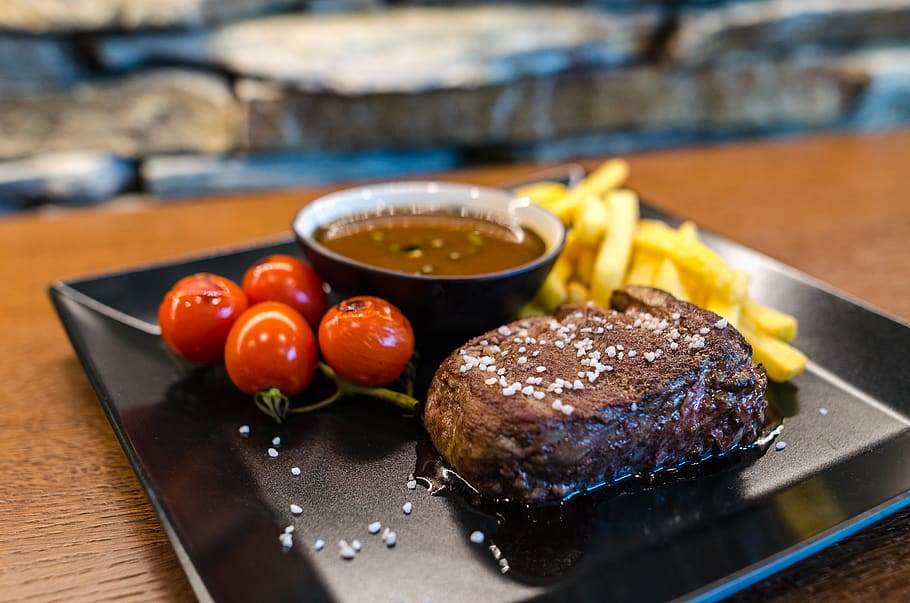 Steak With French Fries and Red Fruits, beef, close-up, delicious HD wallpaper