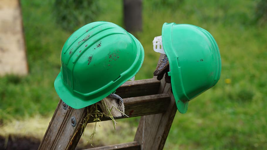 work, team, security, helmet, green color, focus on foreground HD wallpaper