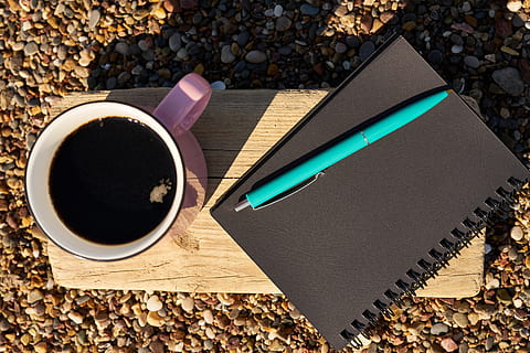 coffee, pen, notebook, black, pink, blue, to write, read, take notes HD wallpaper
