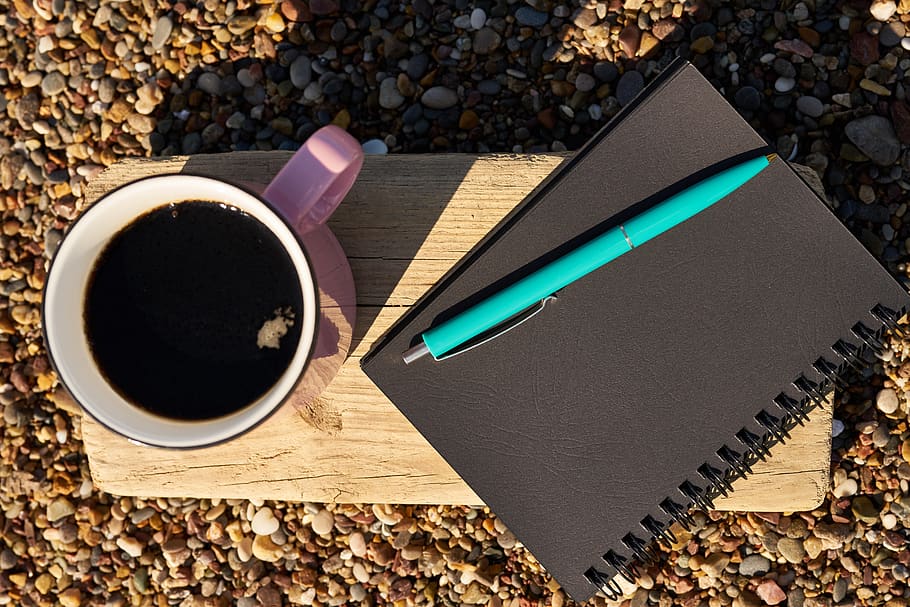 coffee, pen, notebook, black, pink, blue, to write, read, take notes HD wallpaper