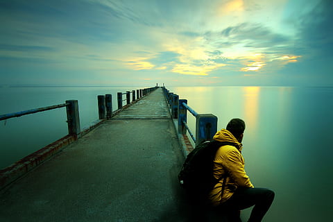 thinking, sitting, beach, sunset, watching, ocean, guy, man HD wallpaper