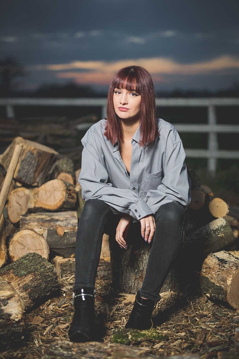 woman sitting on log, wood, clothing, apparel, human, person HD wallpaper