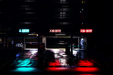 Entry parking garage night, sign, light, carpark, city, exit HD wallpaper