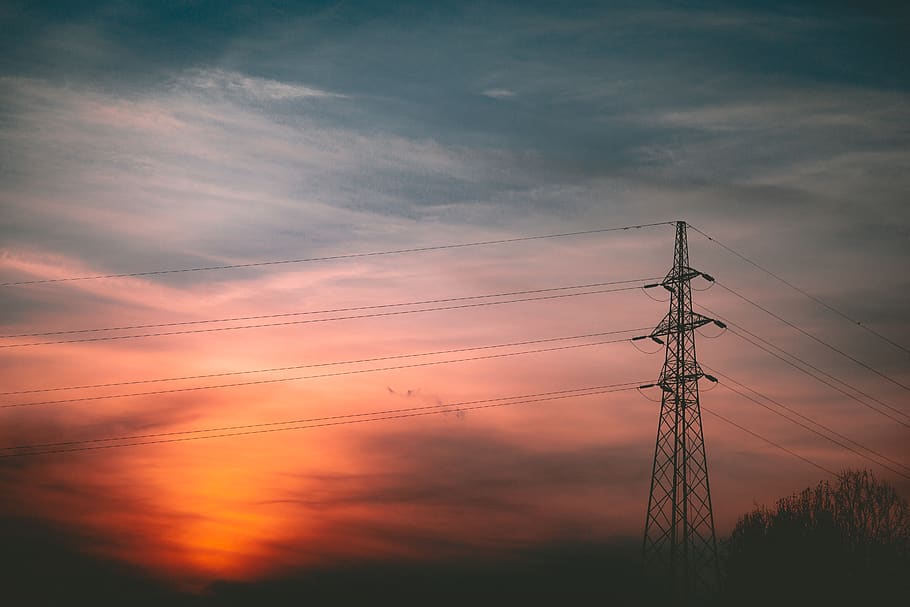 black transmitter tower during sunset, cable, power lines, electric transmission tower