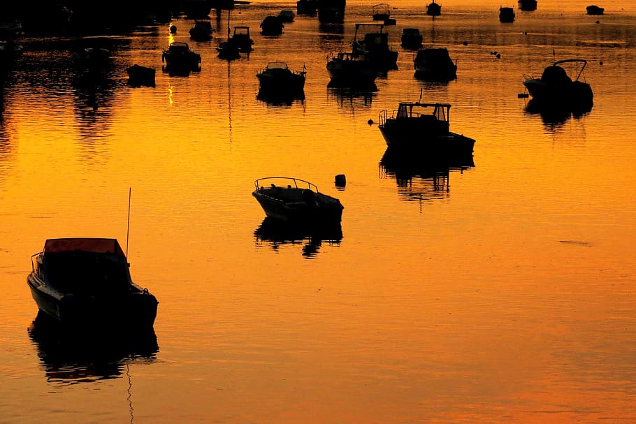 Boats at Sunset, various, water, reflection, waterfront, orange color HD wallpaper