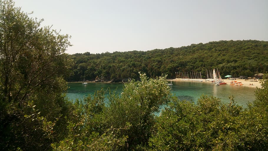 greece, syvota, tree, water, plant, nautical vessel, tranquility HD wallpaper