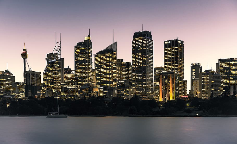 cityscape at dusk, urban, town, building, high rise, office building HD wallpaper