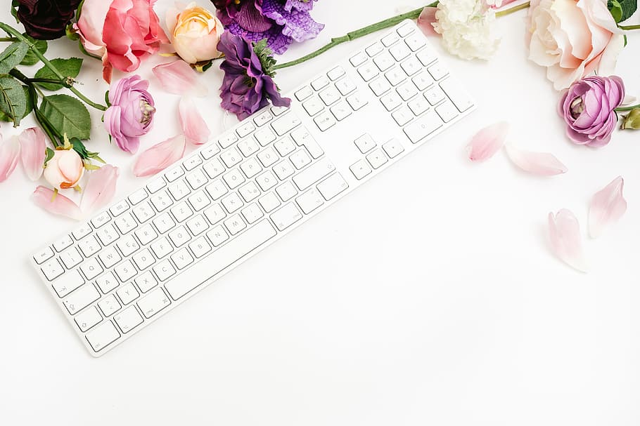 Flat lay with keyboard and flowers, background, blog, business