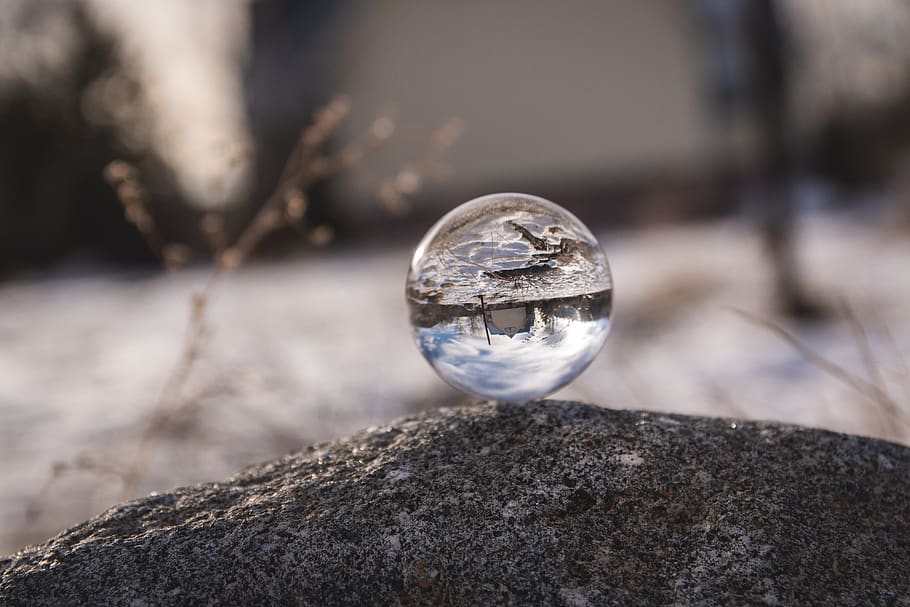 Snow, forest, trees, glass, lensball, reflection, norcal, california HD wallpaper