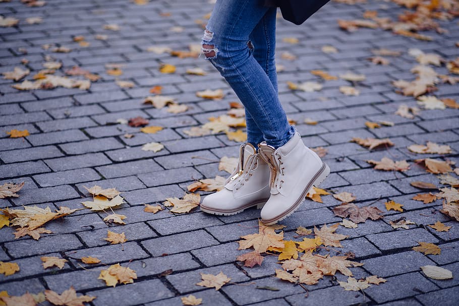 Person Wearing White Work Boots, brick, cement, cobblestone, concrete HD wallpaper