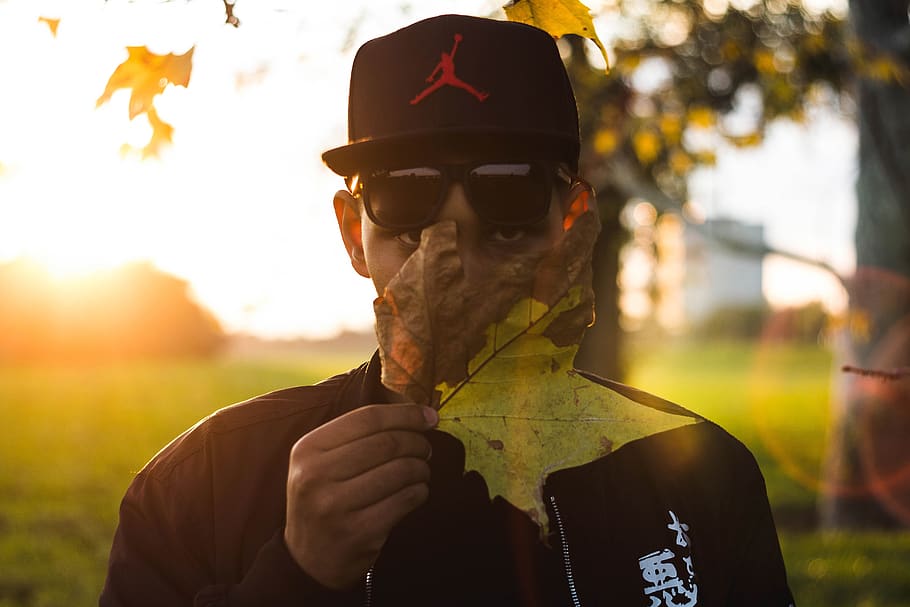 leaf, trees, nature, sunset, golden hour, sunglasses, hat, one person HD wallpaper