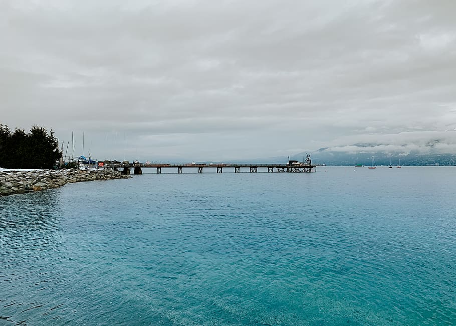 gray concrete dock, water, cloud - sky, sea, waterfront, beauty in nature HD wallpaper