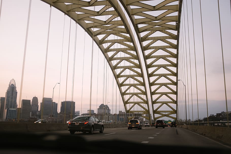 cincinnati, usa, bridge into cincinnati, evening, ohio, architecture HD wallpaper