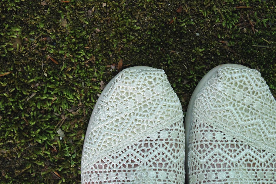 white, green, lace, moss, shoes, plant, growth, green color HD wallpaper