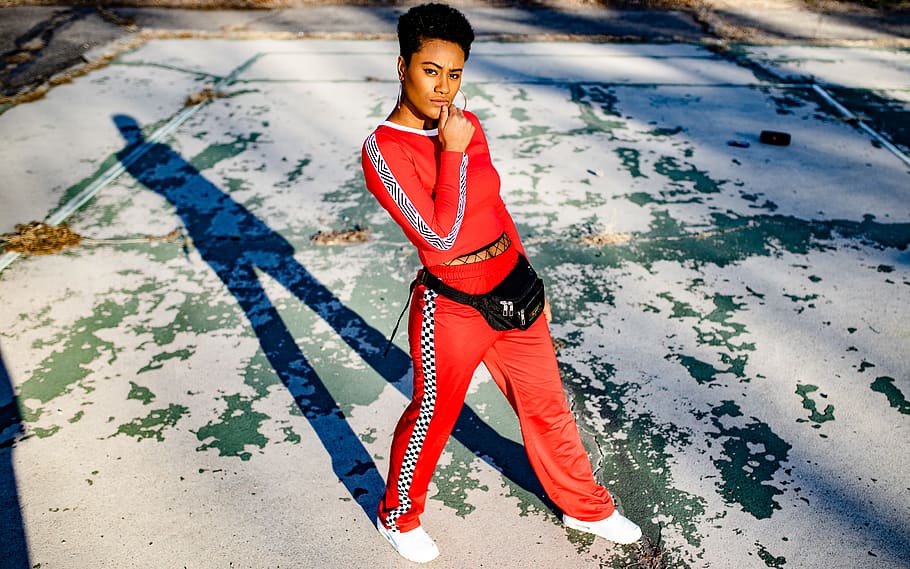 red sweater and pants], one person, full length, young adult HD wallpaper