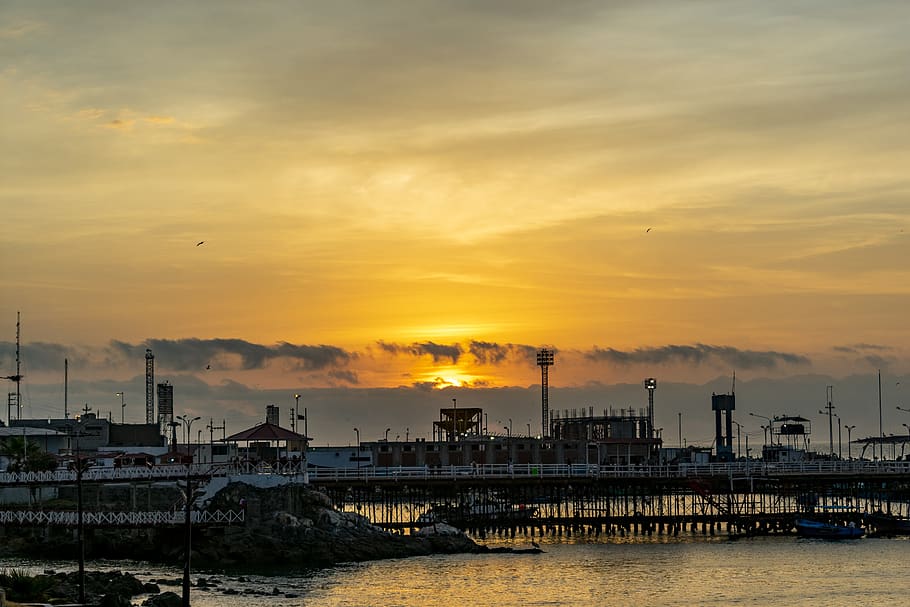 port, peru, sunset, yellow, beach, sea, sky, cloud - sky, architecture HD wallpaper