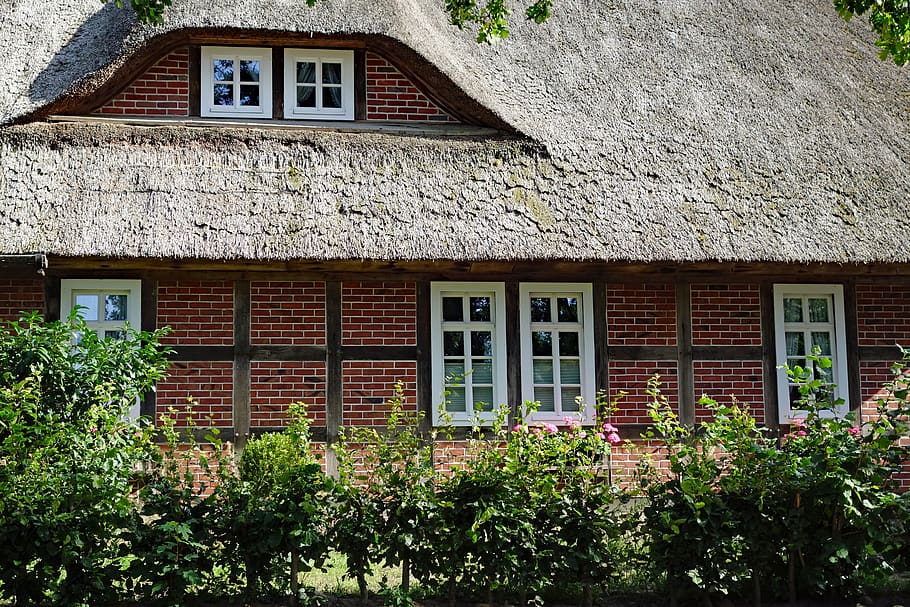 thatched cottage, lüneburg heath, house, thatched roof, lattice windows, HD wallpaper