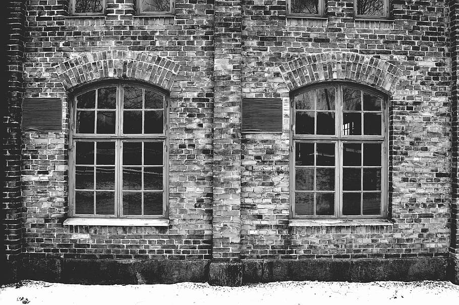 sweden, old, windows, brick, building, brick wall, monochrome HD wallpaper