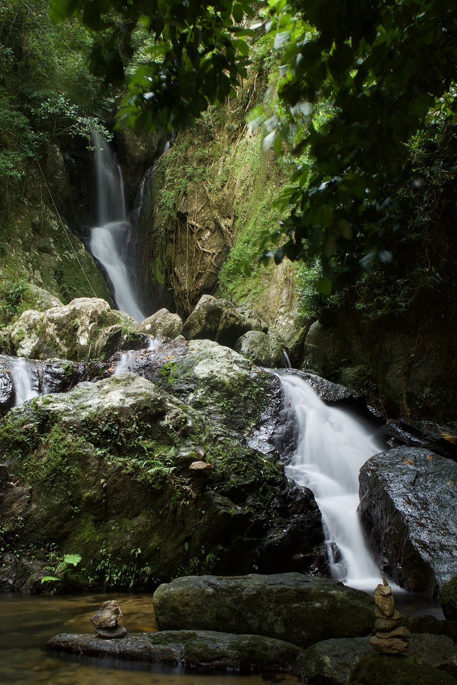 waterfall, waters, nature, river, rock, travel, stone, wood HD wallpaper