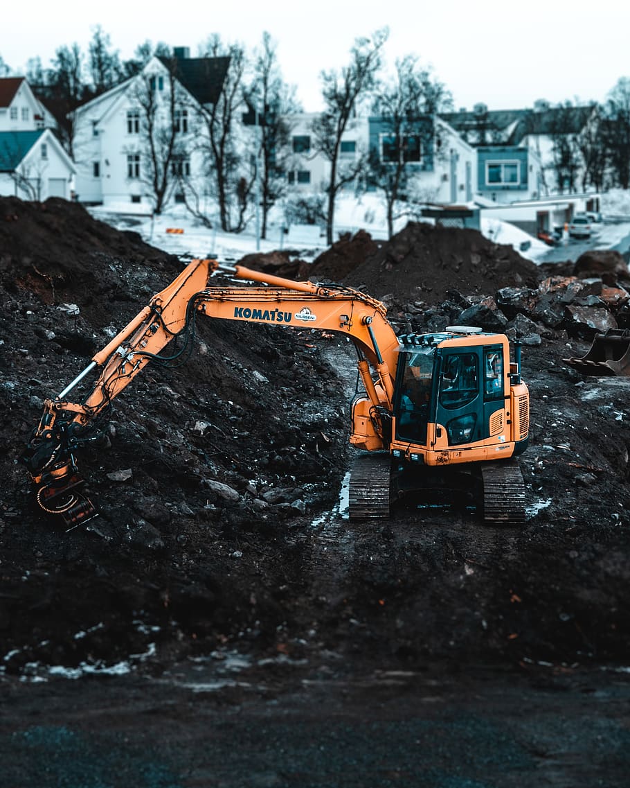 Orange Excavator, construction site, dig, heavy equipment, machine, HD wallpaper