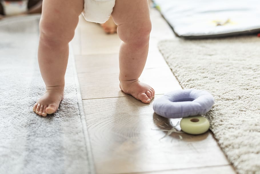 Baby Walking Towards Round Gray Toy, active, adorable, baby feet