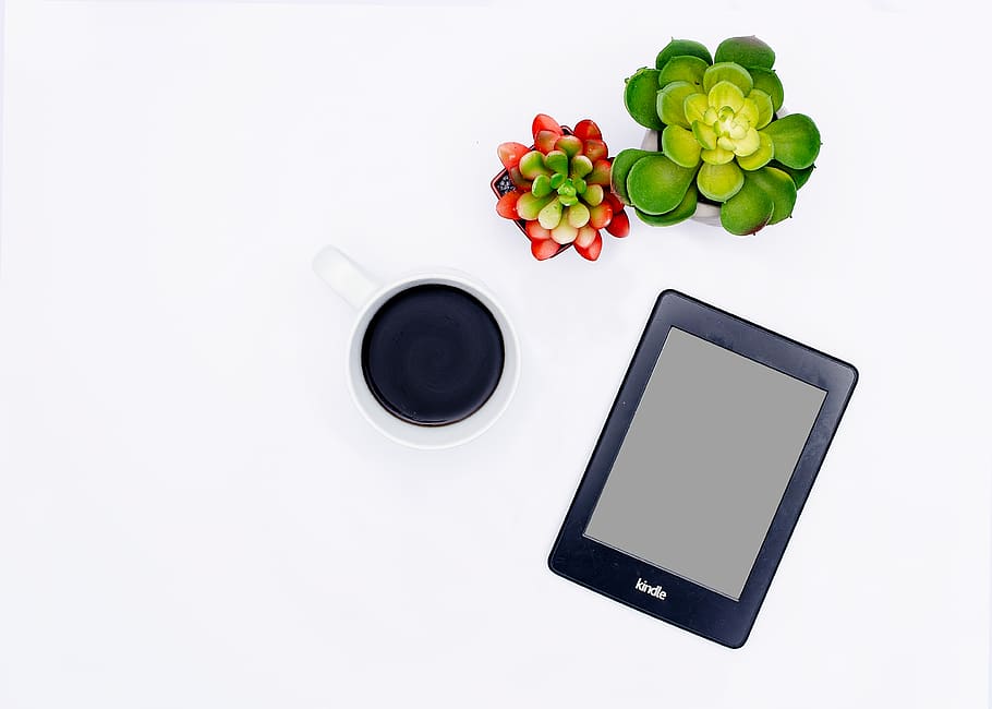 Black Tablet , coffee, cup of coffee, desk, device, electronics HD wallpaper