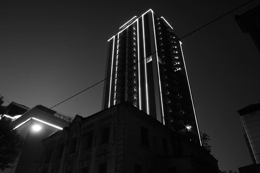 architecture, black and white, skyscraper, lights, night, modern HD wallpaper