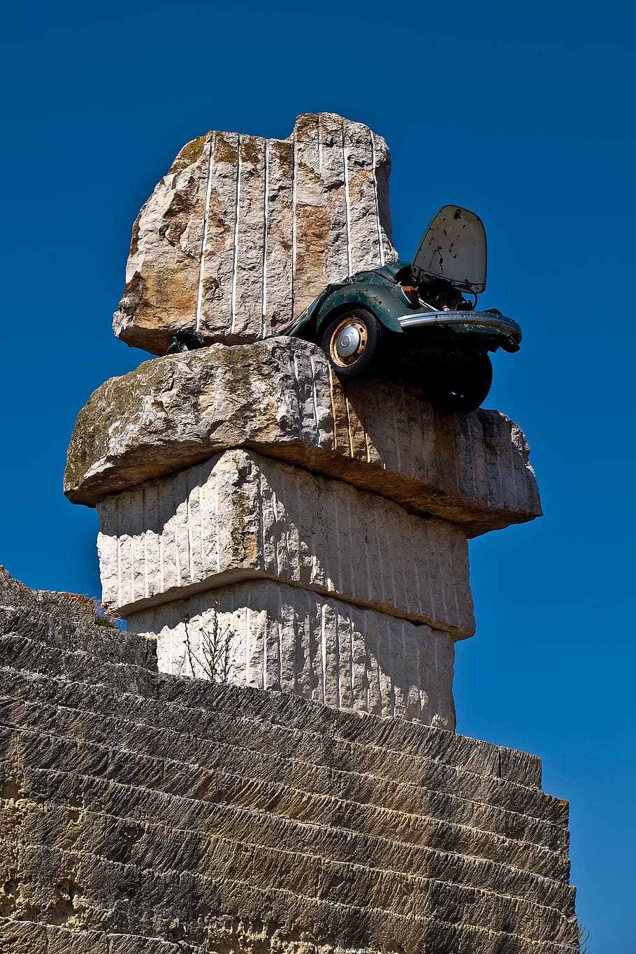 beetle, car, rocks, monument, stones, clash, crash, architecture HD wallpaper
