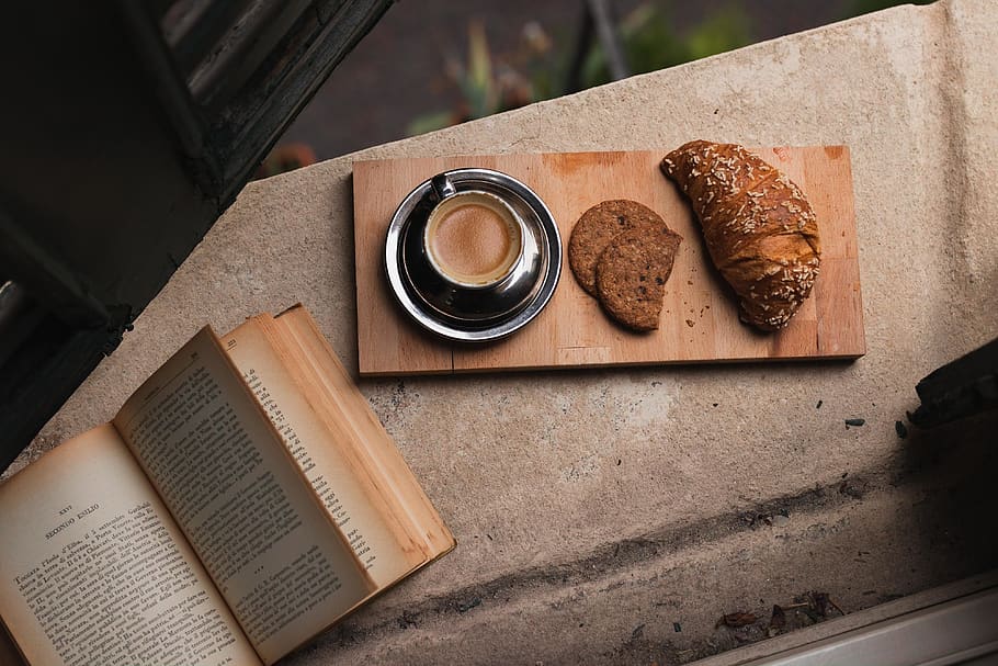 opened book beside bread on chopping boardd, food and drink, coffee HD wallpaper