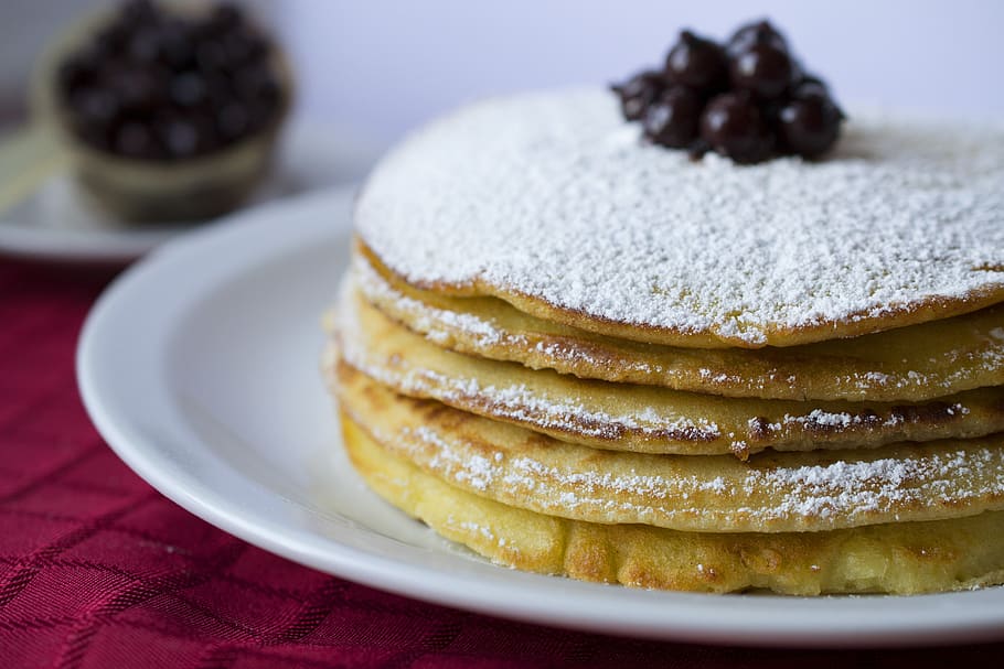 pancakes, breakfast, sugar, berries, delicious, fruit, eat HD wallpaper